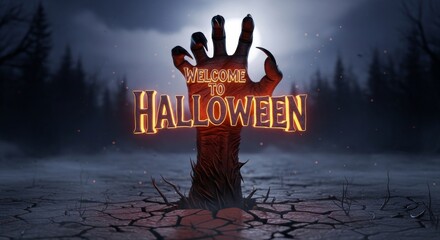 Spooky Halloween Greeting - A hand rising from the ground with "Welcome to Halloween" text. A great spooky and horror