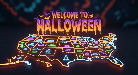 Welcome To Halloween Map Illustration - A neon- map of the United States with "Welcome to Halloween" text above it. A perfect festive