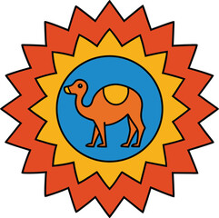 Majestic Mandala Camel In Desert Scene With Radiant Sun Mandala Behind Vector illustration