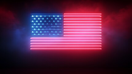 Glowing neon american flag illuminated in red and blue lights
