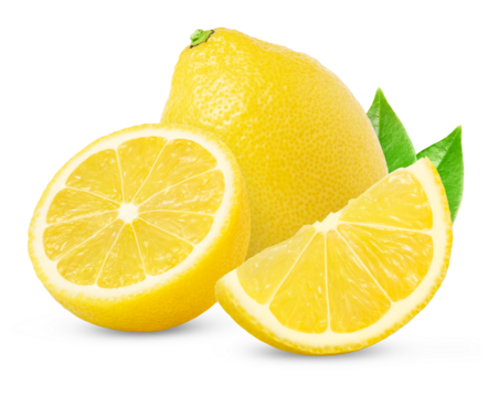 Lemon fruit with half and slice isolated on white background. Yellow lemons with green leaf.