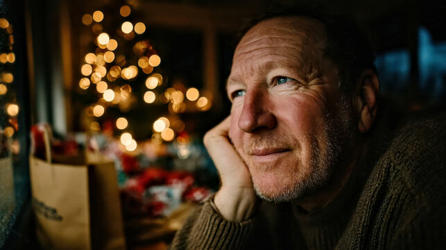 Contemplative Man Enjoying Cozy Christmas Lights by the Window in Winter Setting