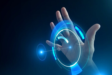 Human Hand touching virtual hologram. Clean futuristic AI technology design. digital business innovation concept. Virtual Interface data connection smart business technology