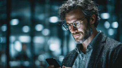 Businessman using smartphone for telepharmacy services in modern office environment nighttime viewpoint digital health concept