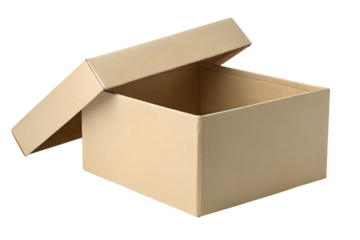 Simple open brown cardboard box with the lid ajar, an empty carton container for packaging or storage, isolated on a clean white background