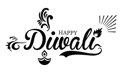 Happy Diwali calligraphy with diya and flame. Celebrating the festival of lights in India. Happy Diwali text with Diwali lamp design on white background. Vector illustration.