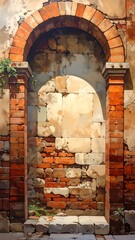 Old, weathered archway with brick supports. Sunlight on stone wall