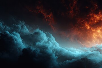 Dramatic Sky: A battle of elements unfolds with fiery orange meeting cool blue clouds in a stunning atmospheric display of nature's power.