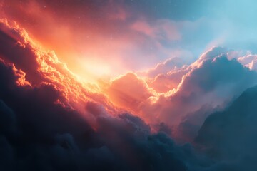 Fototapeta premium A breathtaking skyscape filled with fiery clouds and celestial light. Experience the beauty and vastness of the heavens above.