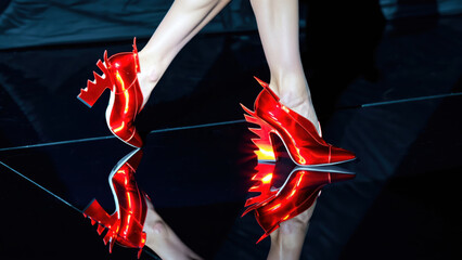 Stylish Red High Heels with Unique Design Reflecting on a Glossy Surface