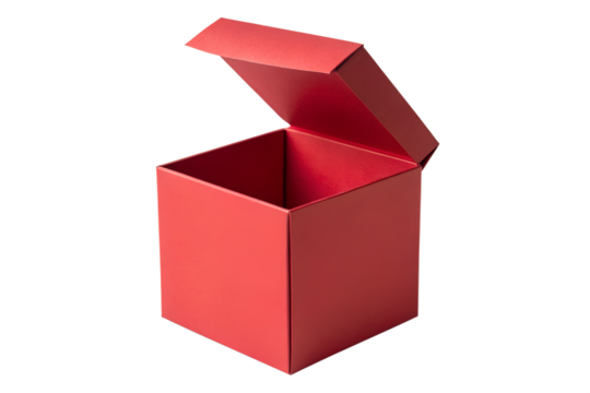 Empty open red gift box made from recyclable paper material, an eco-friendly packaging container perfect for presents or storage, isolated on a simple white studio background