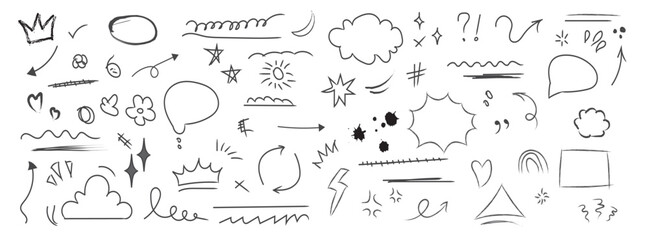 Hand Drawn Doodle Elements Vector Set. Collection of Sketchy Scribbles, Arrows, Stars, Hearts, and Comic Speech Bubbles for Design.