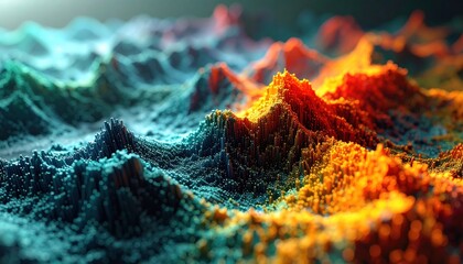 Abstract pixelated landscape with vibrant color gradients and dynamic topography