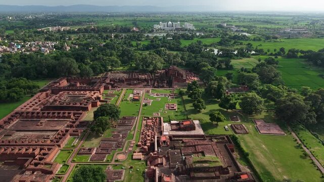 4K Drone Footage of Ancient Nalanda University Ruins in Bihar, India | Aerial View of Historic Buddhist Learning Site | Old Architecture and Heritage Location