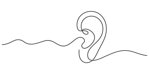 Abstract continuous line drawing of a human ear receiving sound waves minimalist art vector