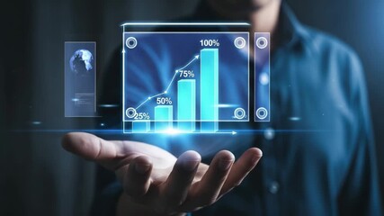 Person hand holding a holographic bar chart financial growth success - Powered by Adobe
