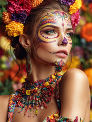 Naklejka premium Day of the Dead La Catrina portrait with marigold flower crown and colorful makeup