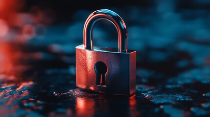 Close up of a metallic padlock with a keyhole illuminated by dramatic red and blue lighting