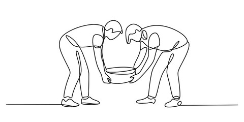 Continuous line drawing of two people lifting an object together in unison vector
