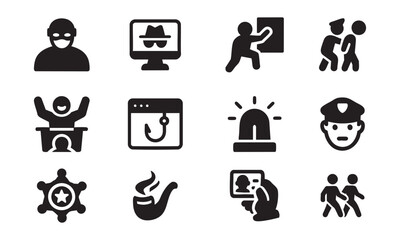 Black and White Icons Representing Crime, Cybersecurity, Law Enforcement, and Identity