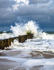Ocean waves crash over wooden barrier under a cloudy sky, stormy weather