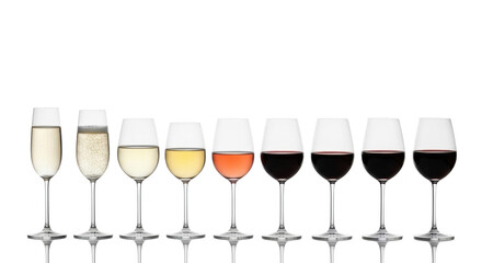 Nine meticulously clean assorted wine glasses, each filled with a unique wine displaying a color gradient, on a reflective white background with copy space. Concept of wine diversity