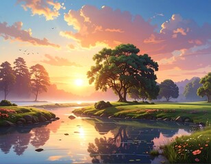 Peaceful lakeside sunset with vibrant colors and tree reflections