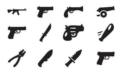 Black Silhouette Icons of Firearms, Knives, Tools, and Historical Weapons
