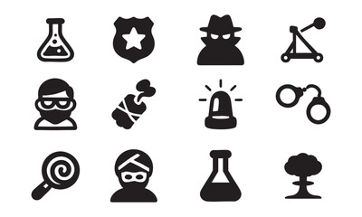 Black Icons Representing Crime, Scientific Analysis, and Law Enforcement