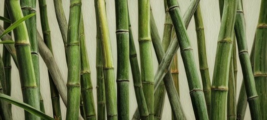 Fototapeta premium The Bamboo Stalks Against a Neutral Wall Evoking Zen Minimalist Texture