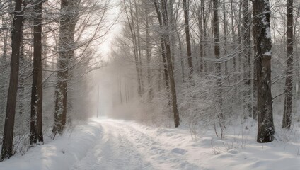 Fototapeta premium Snowy Forest Path - Winter Wonderland Scene with Sunlight.
