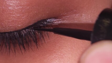 Indian teenage girl carefully applies make up on her eyelid in a close-up view, cinematic beauty look.