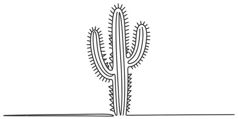 Minimalist continuous line drawing of a saguaro cactus in a desert landscape vector