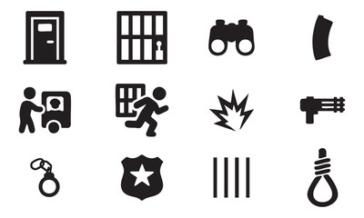 Black Icons Representing Crime, Prison, Surveillance, and Law Enforcement