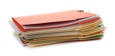 Stack of colorful folders with documents and binder clips isolated on white