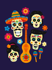 Vibrant illustration of colorful sugar skulls, maracas, flowers, sombrero, and guitar. Perfect for Dia de Muertos design to represent Mexican tradition and festive cultural art.