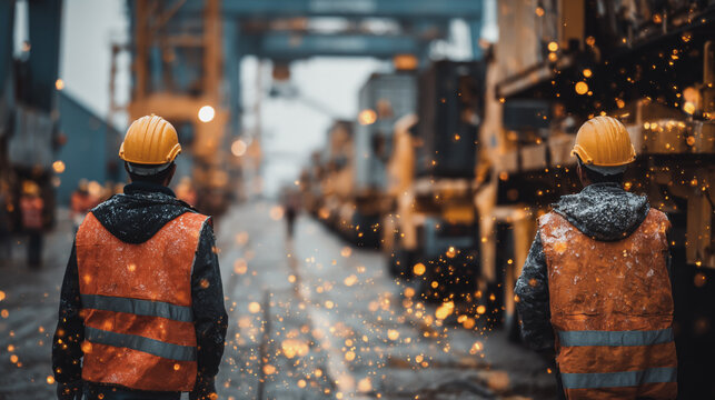 Workers wearing safety helmets are walking.of Container truck in ship port for business Logistics and transportation of Container Cargo ship and Cargo plane with working crane bridge with world map
