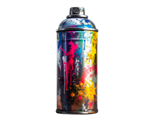 Distressed Spray Paint Can with Colorful Splatters and Scratched Metal Surface, Front