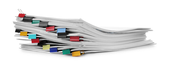 Stack of documents with binder clips isolated on white