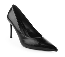 Stylish high heeled shoe isolated on white