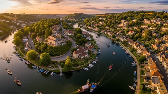 Aerial view of the town of totnes, devon, england, nestled in a bend of the river dart at sunset, showcasing its beauty