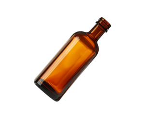 Floating Amber Glass Bottle with Soft Shadow and Minimalist Concept, Transparent Back