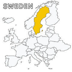 SWEDEN country highlighted in yellow on Europe continent map detailed vector illustration, for projects and presentation	