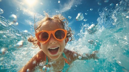 Naklejka premium Smiling child in orange sunglasses enjoys swimming in vibrant blue water with sunlight shining down.