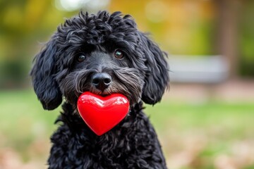The image of a cute Portuguese water dog on a walk in a green spring space with a red heart toy represents my ideal pet and the concept of friendship