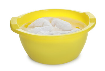 Plastic basin with towel and water isolated on white