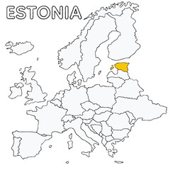 Obraz premium Estonia country highlighted in yellow on Europe continent map detailed vector illustration, for projects and presentation 