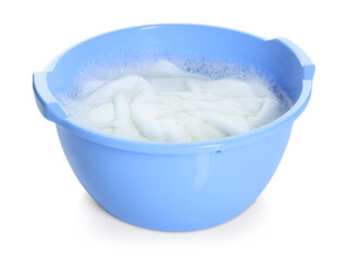 Plastic basin with towel and water isolated on white