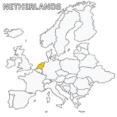 Obraz premium Netherlands country highlighted in yellow on Europe continent map detailed vector illustration, for projects and presentation 