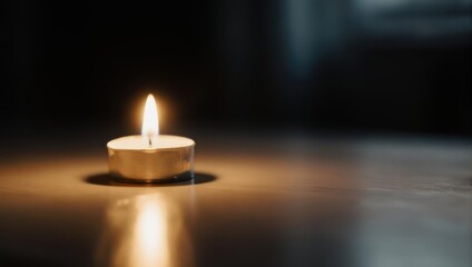 Single tea light candle glowing in the dark, creating a warm ambiance.